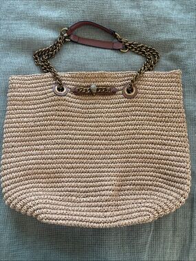 Kurt Geiger Beige Straw Tote with Brown Leather & Gold Chain Handles